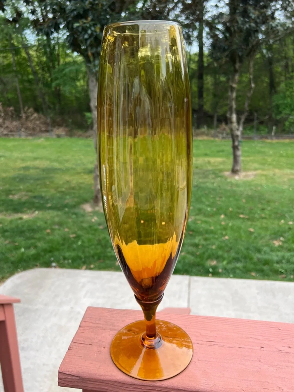 Tall Amber Glass Stem Vase 16.5” Mid Century Modern Decor Optic Panel